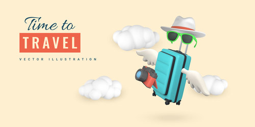 Realistic render photo camera sunglasses hat suitcase with wings fly clouds vector illustration free download