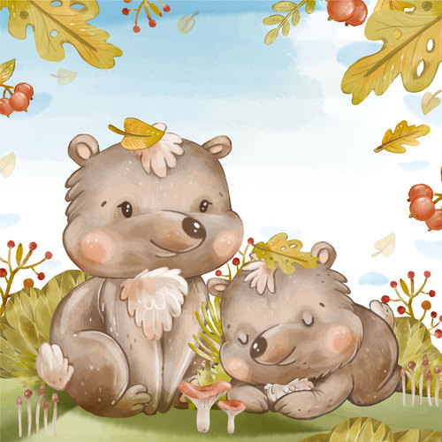 Two little bears in the forest watercolor illustration vector free download