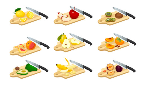 Whole sliced fruitssliced knife set vector free download