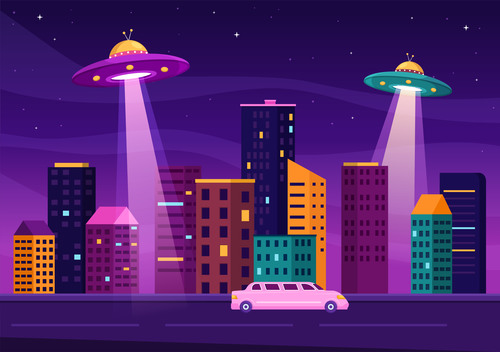 The illustration vector of two UFO over the city free download