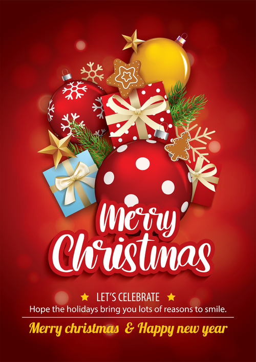 Merry christmas party glass ball gift box flyer brochure design red background vector free download
